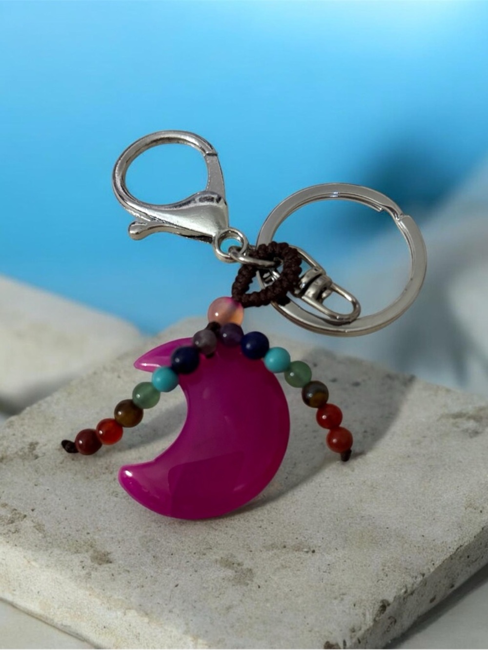 Fuchsia Agate Crescent Moon Beaded Key & Card Holder